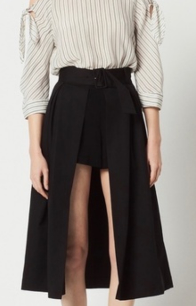 Shorts-underlay belted cotton-poplin skirt